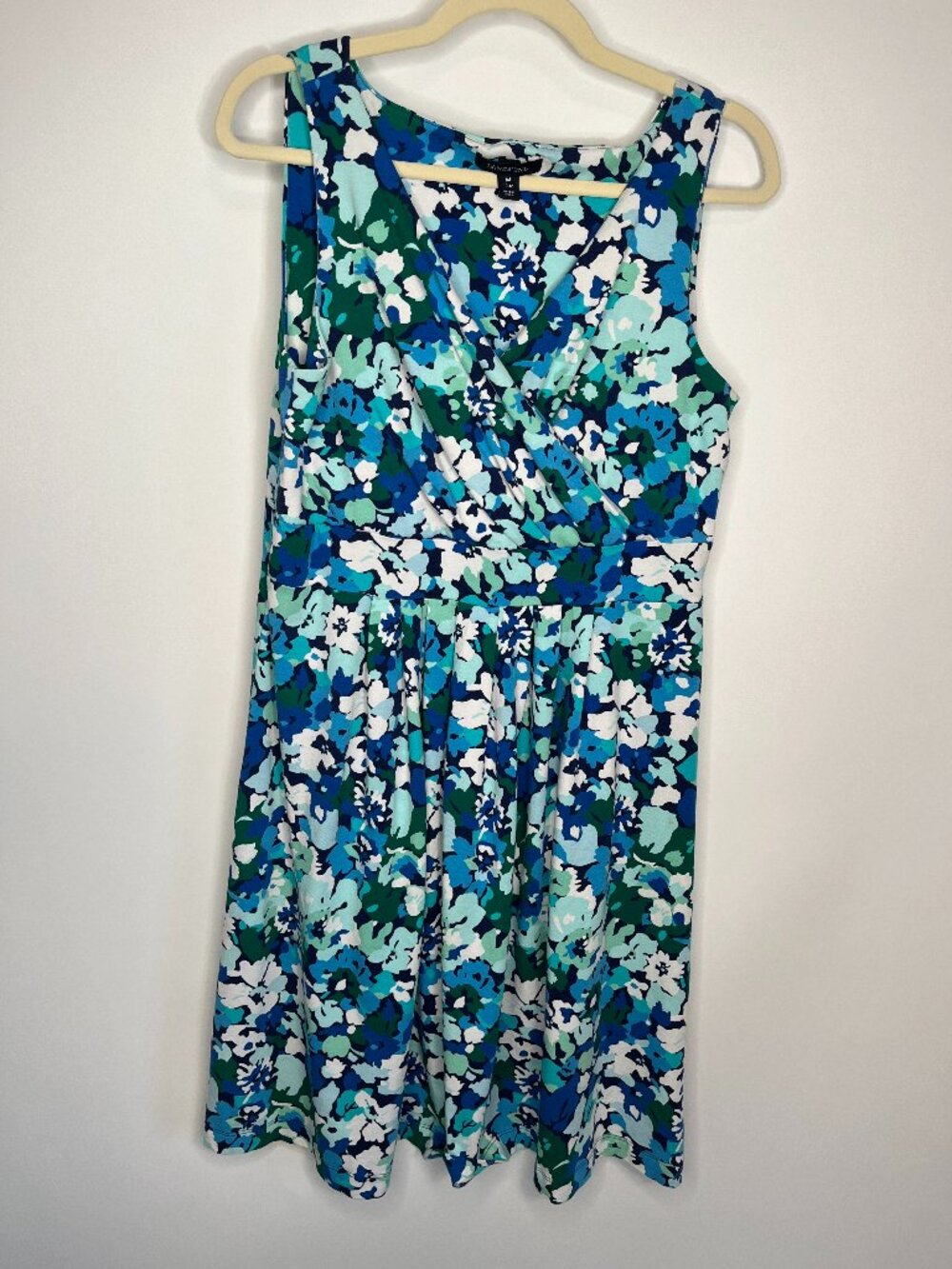 Lands' End Dress Women's Medium (10-12) Blue Floral Sleeveless Faux Wrap Stretch
